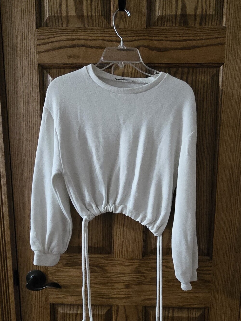 Zara White Cropped Crewneck Sweatshirt with Drawstring